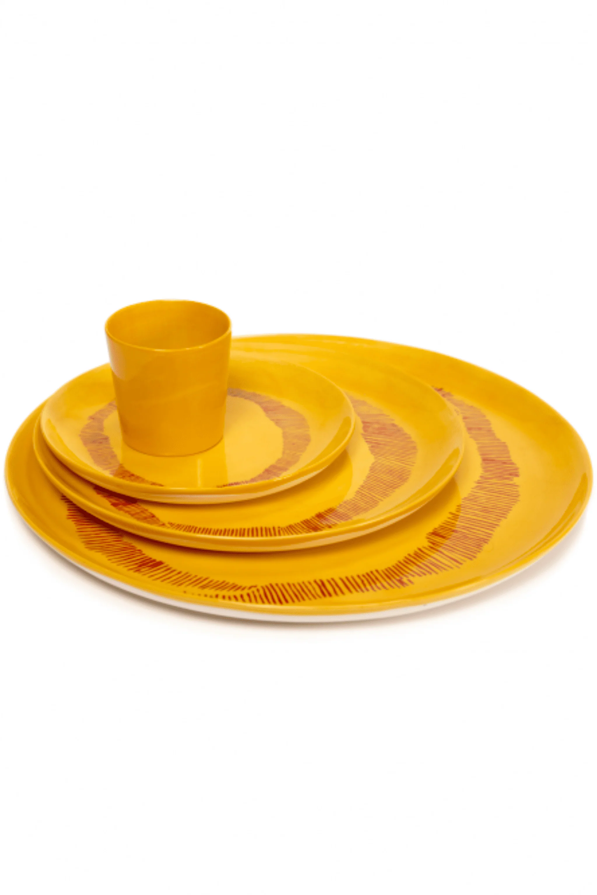 Set of 2 Small Plates, Sunny Yellow Swirl with Red Stripes - Image 3